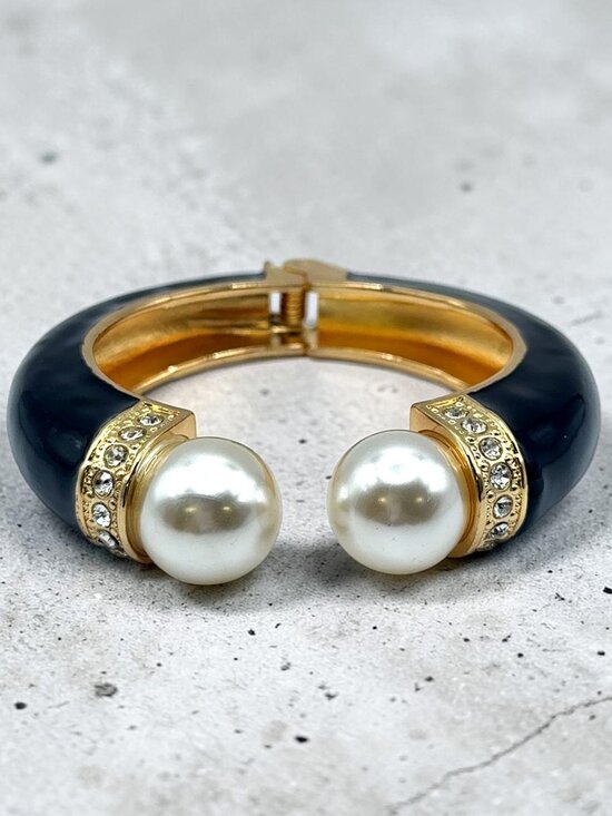 Jewelry - Faux Pearl and Rhinestone Black Enamel Hinged Cuff Bracelet